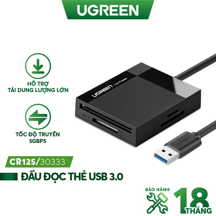 [Mã 55ELSALE1 giảm 7% đơn 300K] Đầu đọc thẻ USB 3.0 hỗ trợ thẻ TF/SD/CF/MS dài 0.5-1.5m UGREEN CR125