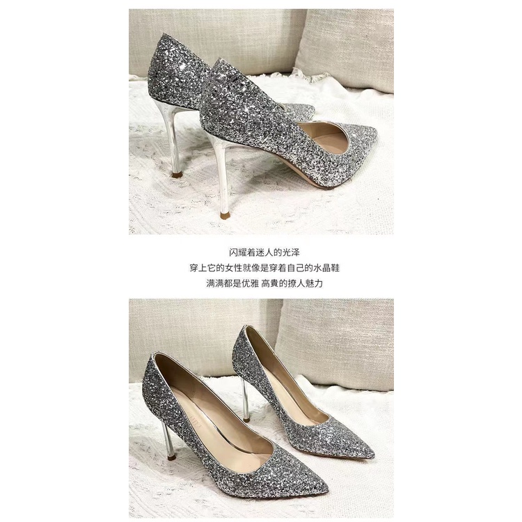 Giày Cao Gót Mũi Nhọn Đính Đá Pha Lê Lấp Lánh Thời Trang Xuân Thu 2021 Cho Nữ