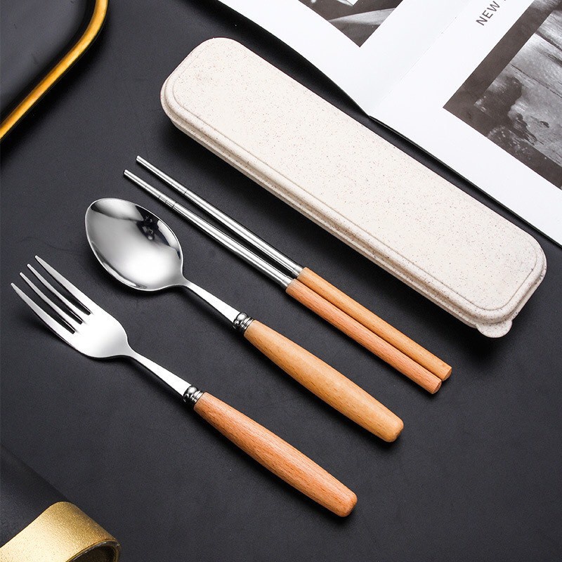 Bộ Thìa Đũa Lúa Mạch Cán Gỗ Kèm Hộp