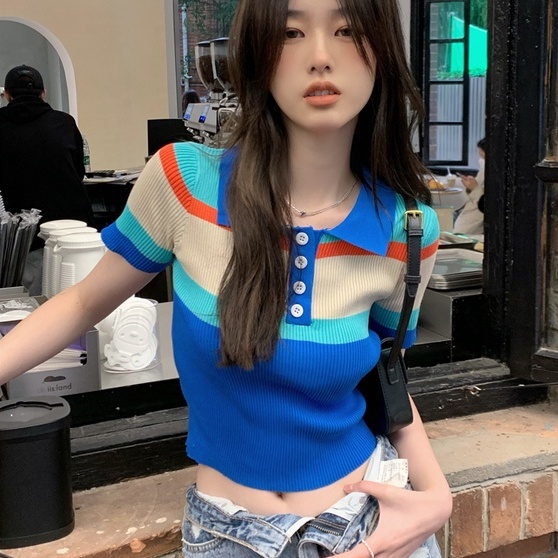 Áo thun polo dệt kim ZHELIHANGFEI tay ngắn kẻ sọc màu sắc dễ thương xinh xắn