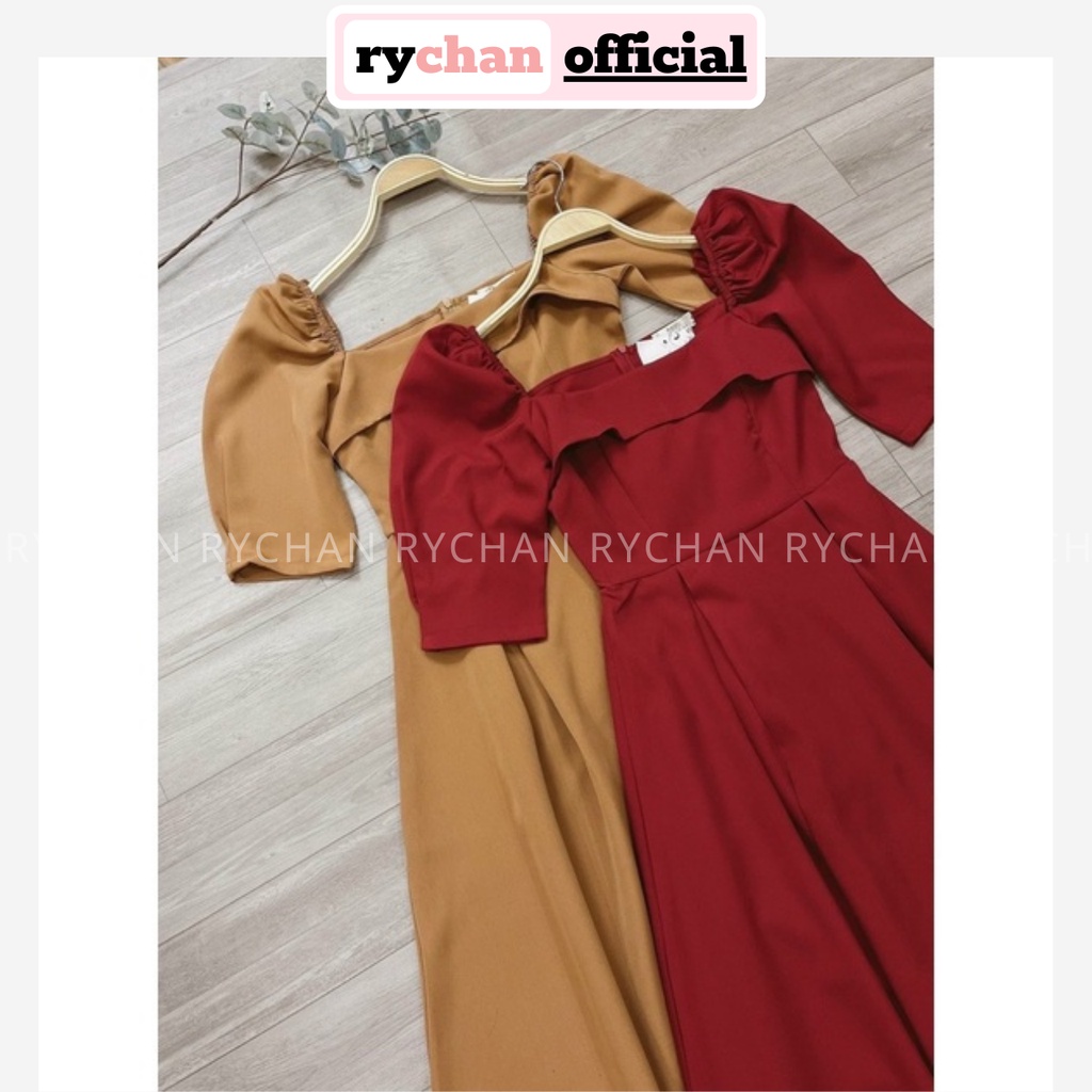 Đầm Dự Tiệc Cổ Vuông Tà Ngang Trước Ngực Thun Vai Xếp Li Eo Màu Đỏ Kem [ẢNH THẬT CUỐI] - DX9728