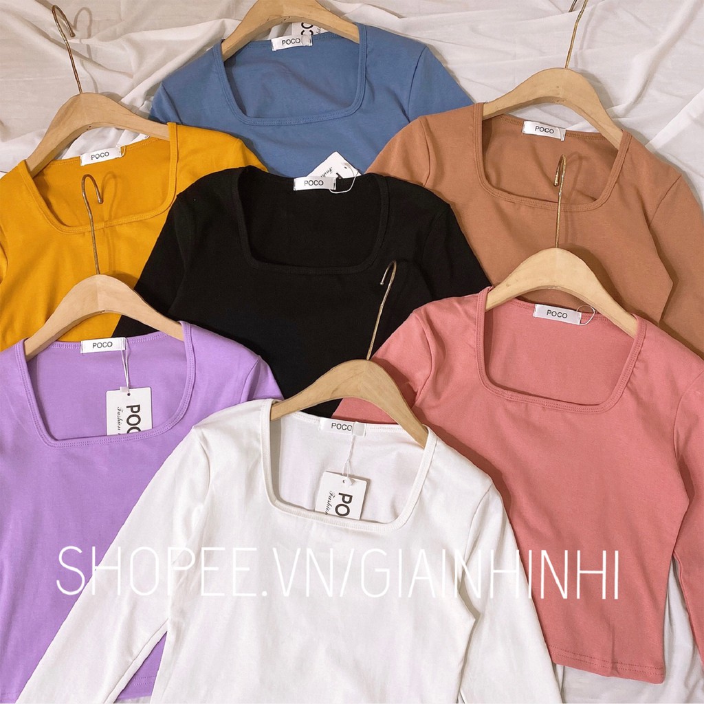 Áo thun cổ vuông trơn dài tay, Áo kiểu dài tay cổ vuông vải cotton co giãn PC1002 - NhiNhiShop