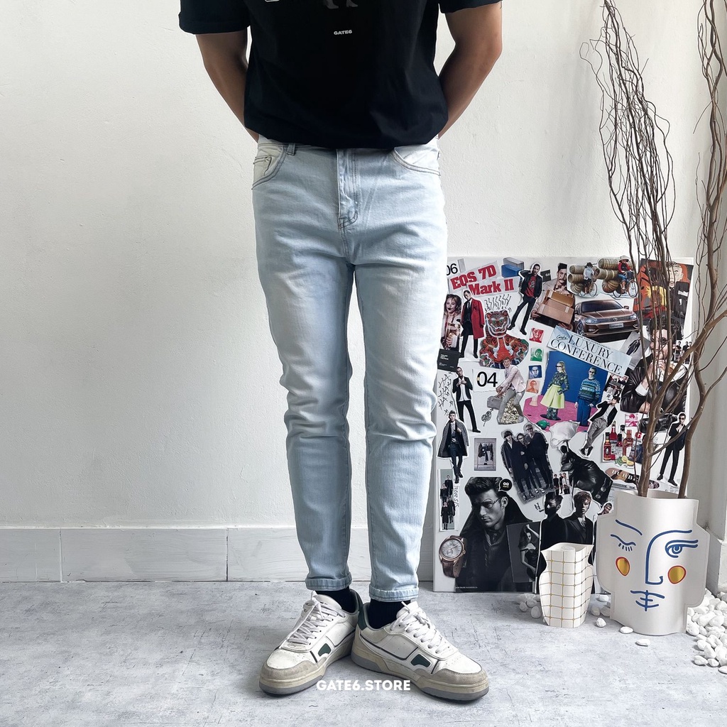 Quần Jean Nam slimfit YY, quần bò dài dáng ôm co giãn trơn Xanh mài sáng Light washed - GATE6 - 9013
