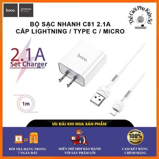 Bộ Củ Sạc Nhanh Hoco C81 Kèm Cáp iPhone/ Micro USB/ Type C - Bộ Cáp Sạc Nhanh 5V/2.1A Siêu Bền, An Toàn - Bảo Hành 1 Năm