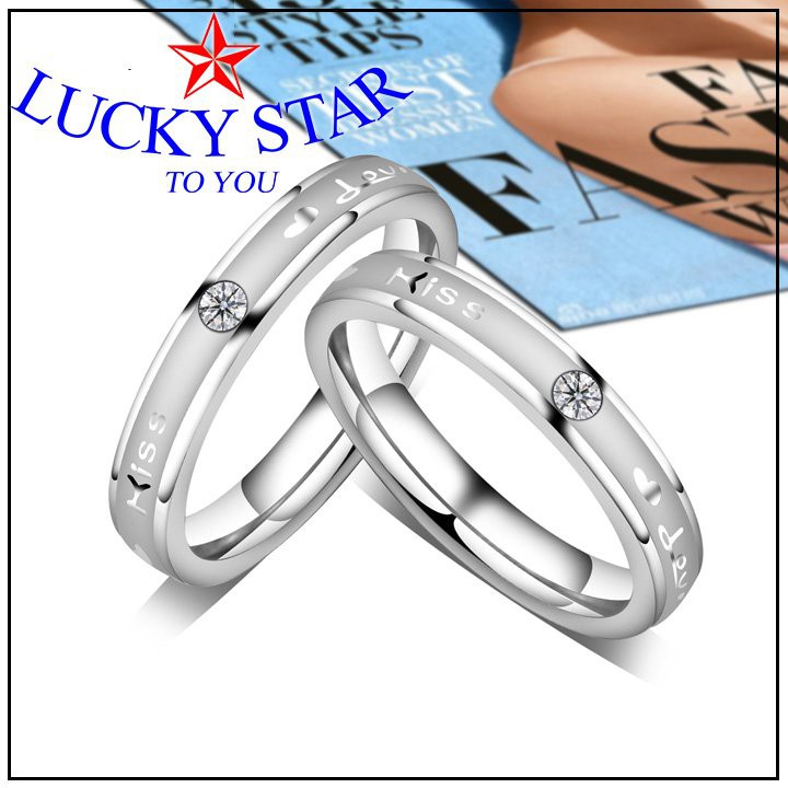 Nhẫn cặp đôi inox Kiss Love đính đá sang trọng ý nghĩa