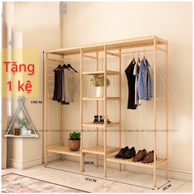 Kệ treo quần áo - Tủ treo quần áo gỗ thông 3 ngăn gỗ thông nhập khẩu, Tặng kệ trang trí - Nội Thất HT