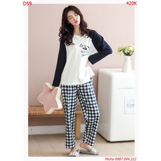 Đồ bộ mặc nhà nữ 💐free ship💐 bộ mặc nhà áo trắng quần caro - micha d59
