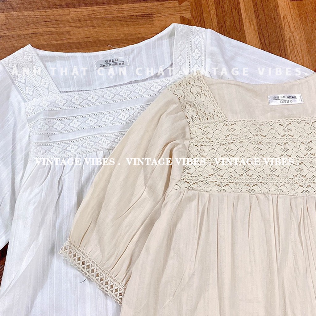 Áo babydoll cổ vuông thêu ren tay phồng (hàng QC) - Ảnh thật cận chất