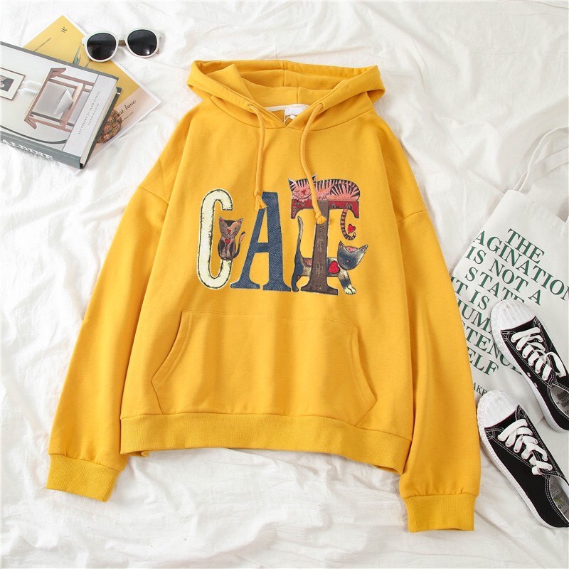 Quinn - Áo khoác nữ form rộng Hàn Quốc, áo hoodie nữ in hoạ tiết chữ CAT độc đáo tích hợp đi chơi, đi học