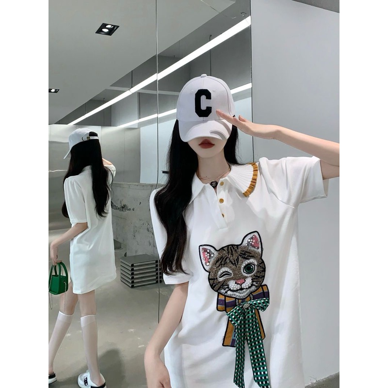 Jiashucheng Áo Thun polo Tay Ngắn Thêu Hình Mèo Thời Trang Mùa Hè Cho Nữ