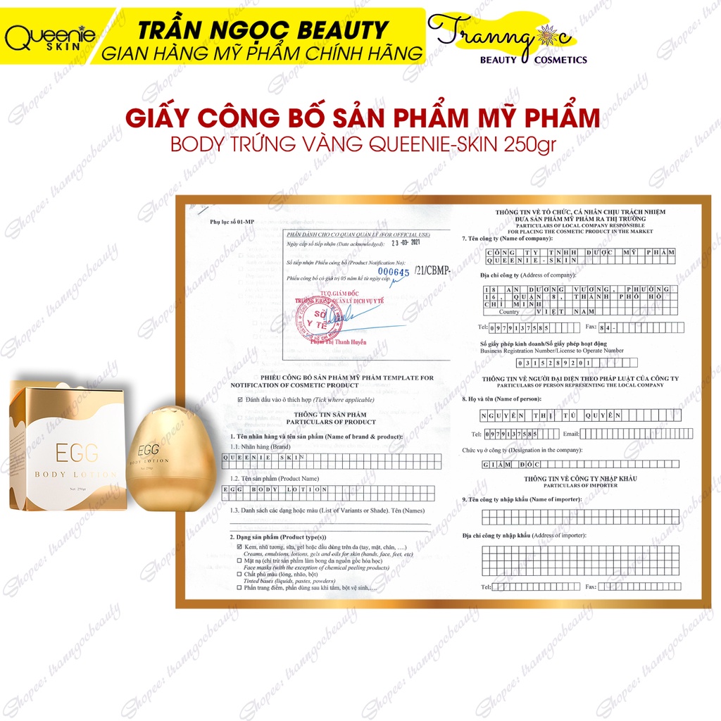 Kem Body Trứng Vàng Queenie Skin 250gr chính hãng, trắng bật tone sau 7 ngày, bảo hành 72h - tranngocbeauty