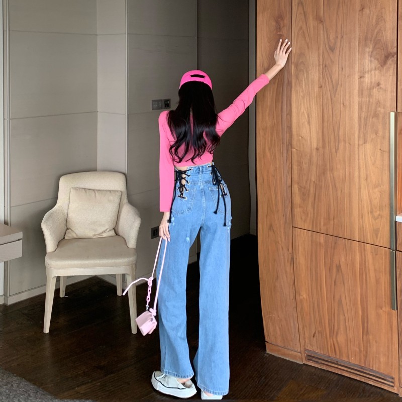 Quần jean đan dây eo lưng cao form rộng tôn dáng HQD47 - Hỉn Hỉn Store