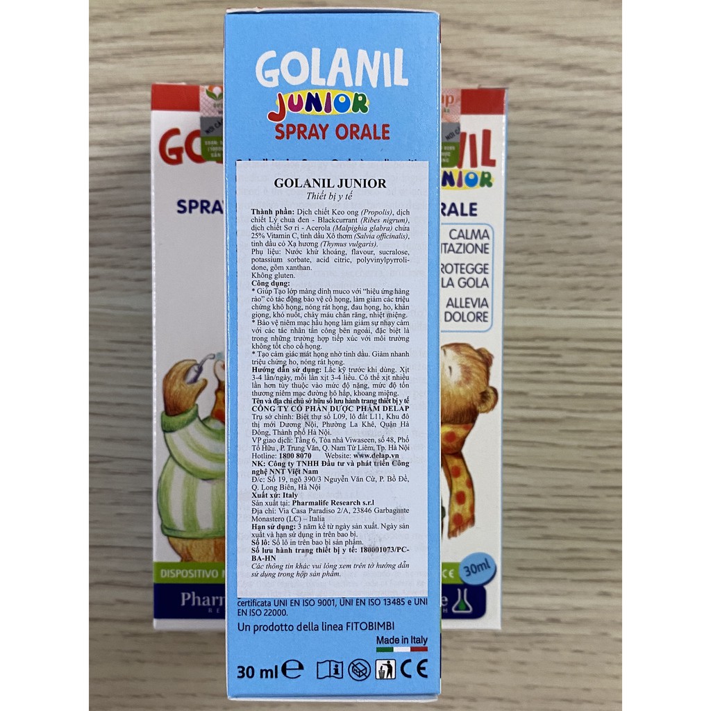 Xịt Họng Golanil Spray Orale 30ml.Giảm Ho,Đau,Ngứa Rát Họng Cho Bé Chiết Xuất Keo Ong