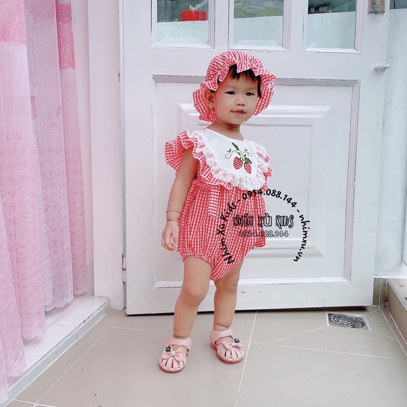 Body Caro Đỏ Thêu Dâu Cho Bé Gái sơ sinh - 12kg, bodysuit bé gái chất thô xốp phối lụa [A043]