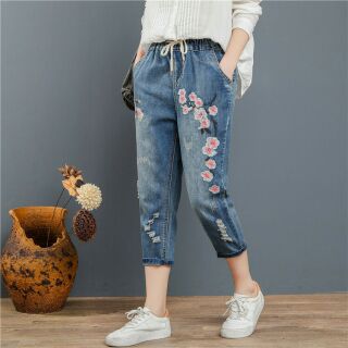 Jean baggy xước thêu hoa tinh tế Quảng Châu cao cấp