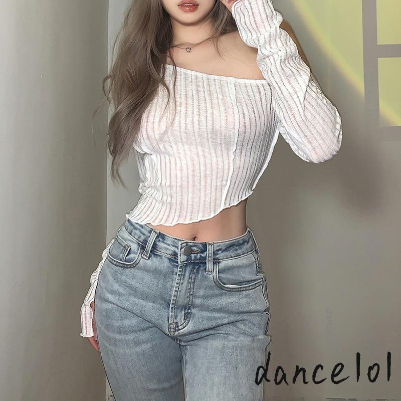 Áo Thun Tay Dài Lệch Vai Màu Sắc Độc Đáo Dành Cho Nữ - dance1o1