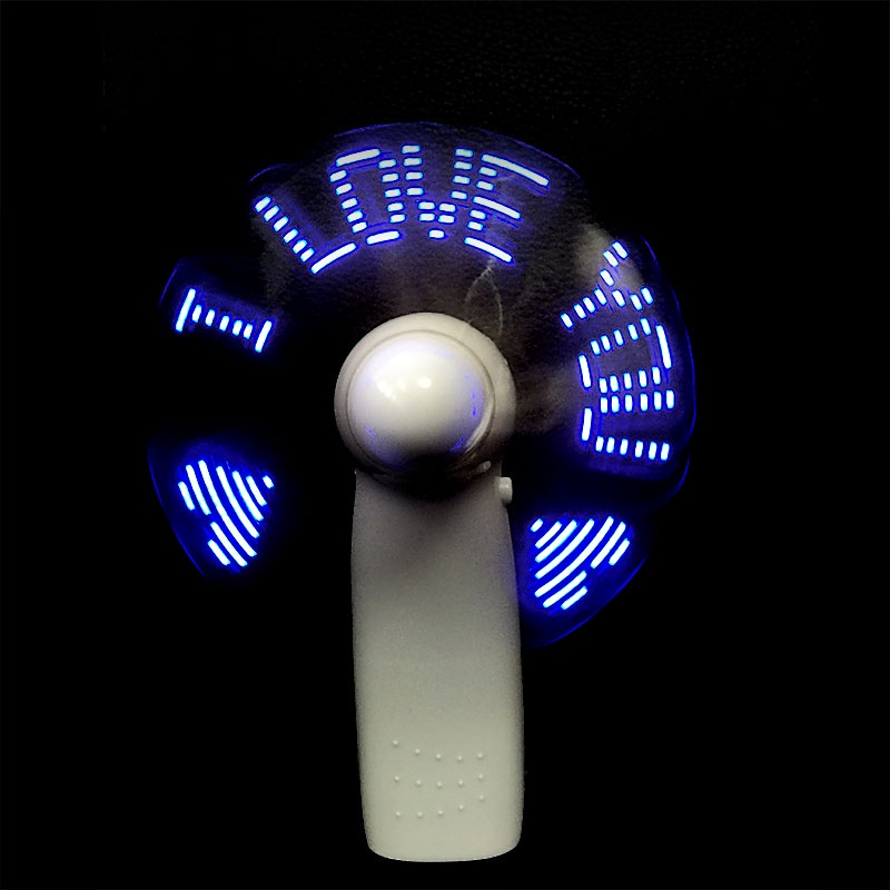 Quạt Mini Cầm Tay Có Đèn LED Nhiều Màu Sắc Sử Dụng Pin Kèm Dây Đeo Chữ I Love U