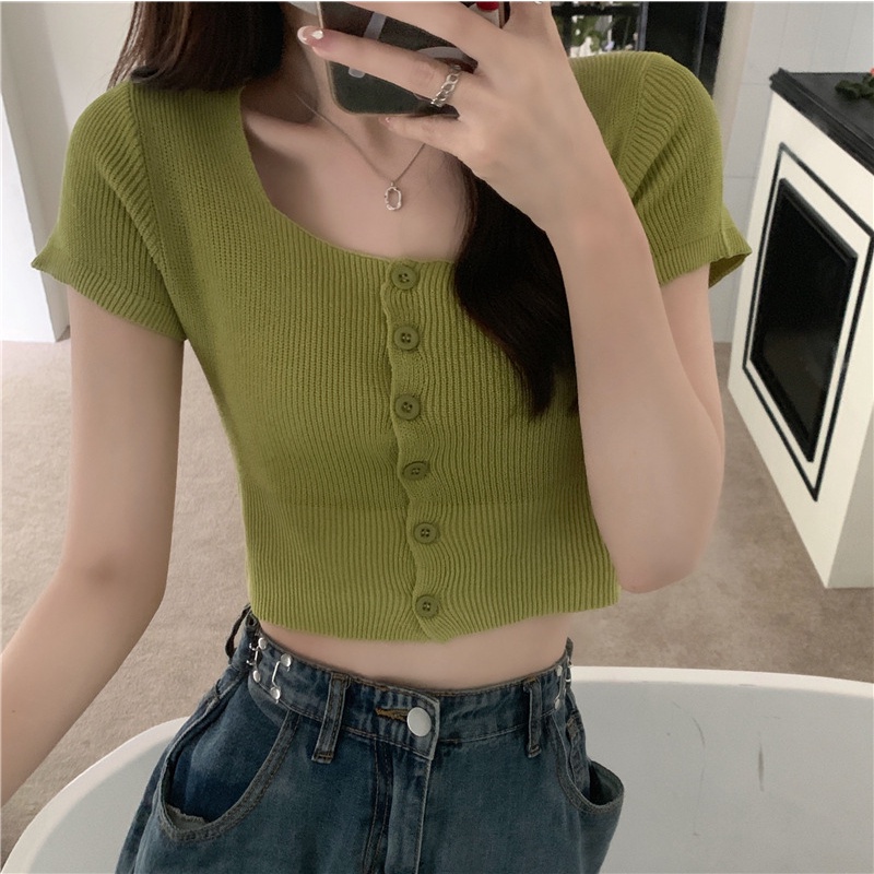 Áo Cardigan Dệt Kim Ngắn Tay Cổ Vuông Màu Sắc Ngọt Ngào Cho Nữ OOP13