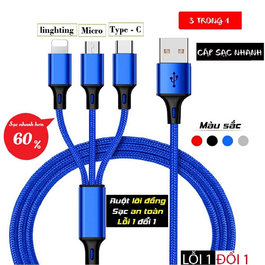 Cáp sạc 3 trong 1 chân sạc micro,type c,Công nghệ Sạc Nhanh