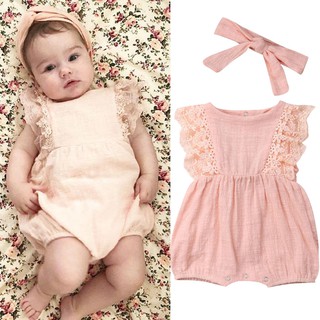 Bộ Romper tay cánh liền quần lót kèm băng đô đáng yêu cho bé