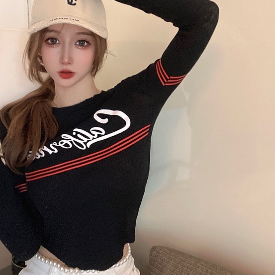 Áo thun ZHELIHANGFEI dệt kim dài tay in chữ thời trang cho nữ