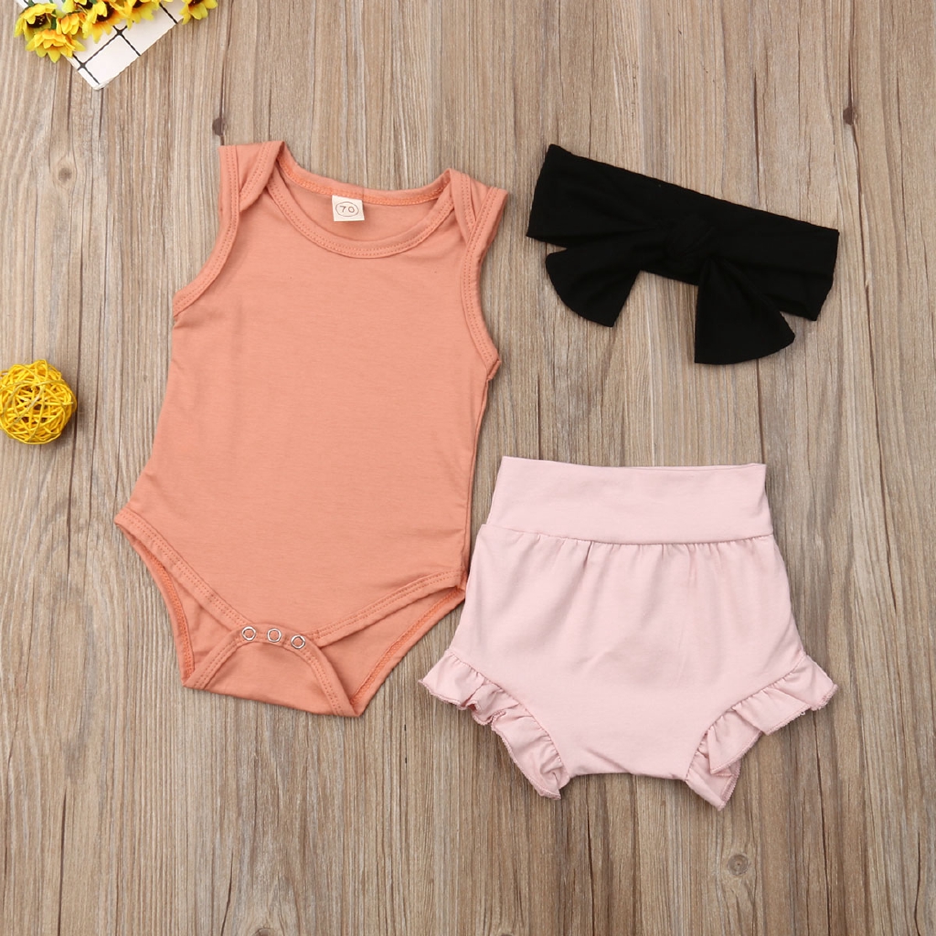 Set áo liền quần tã bằng cotton và quần short kèm băng đô cho bé gái sơ sinh