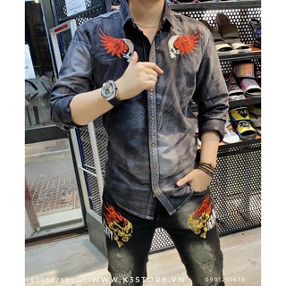 Áo sơ mi tay dài nam THREE COLLECTION was mốc trắng, chất kaki dày dặn thêu god of death K3STORE S2658