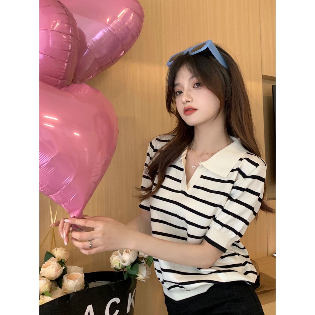Áo dệt kim kẻ sọc tay ngắn cổ V dáng rộng phong cách Hàn Quốc