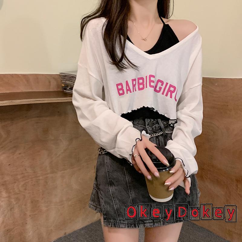 Bộ Trang Phục 2 Mảnh Gồm Áo Croptop Sát Nách Cổ Yếm Và Áo Thun Dài Tay In Chữ Thời Trang Dạo Phố Cho Nữ