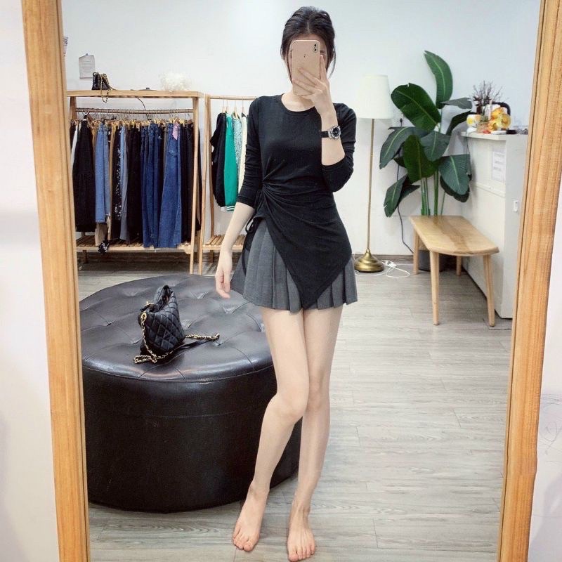 Áo thun body tay dài vạt bầu nhọn rút eo