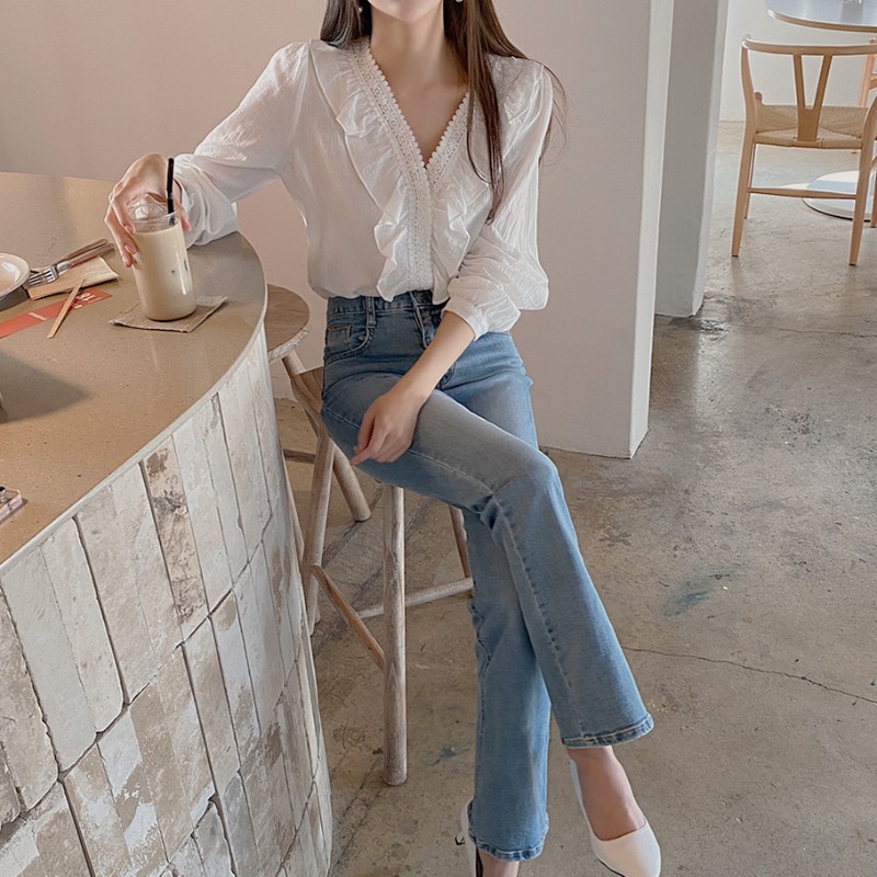 Áo cổ chữ V phối ren phong cách Hàn Quốc thanh lịch trẻ trung cho nữ