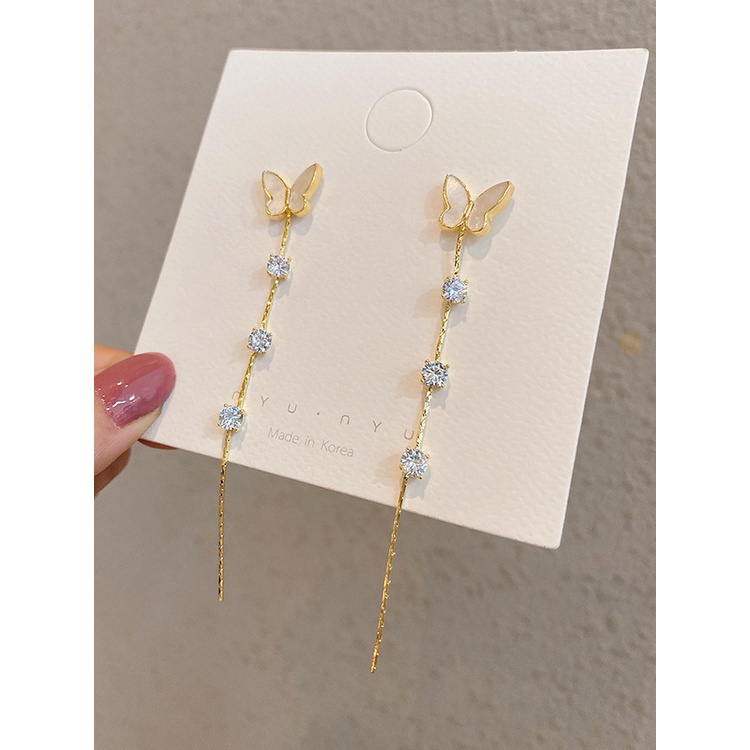 Bông tai mạ bạc 925 dáng dài hình bướm phong cách Hàn Quốc thời trang mới