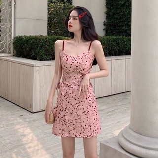 Đầm nữ 2 dây đầm voan hoa màu hồng ulzzang