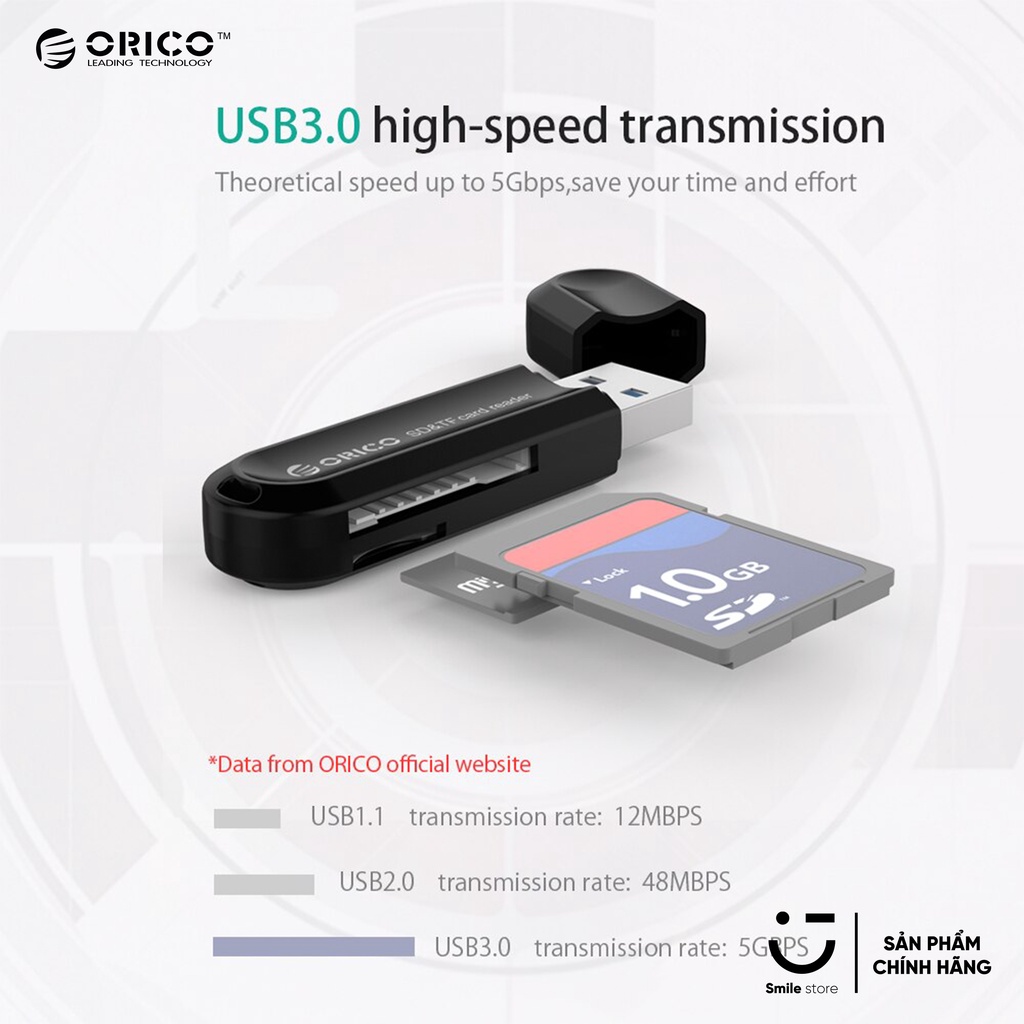 Đầu Đọc Thẻ Nhớ SD/TF USB 3.0 ORICO CRS21 Tốc Độ Cao 5Gbp/s (Đen) - Hàng Chính Hãng