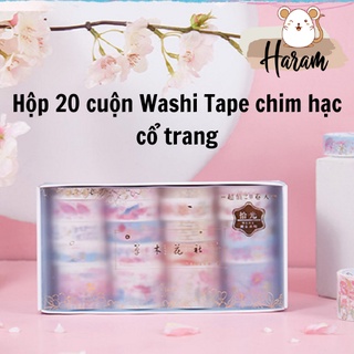 (Rẻ Nhất) Hộp 20 cuộn Băng dính washi tape chim hạc cổ trang trang trí planner