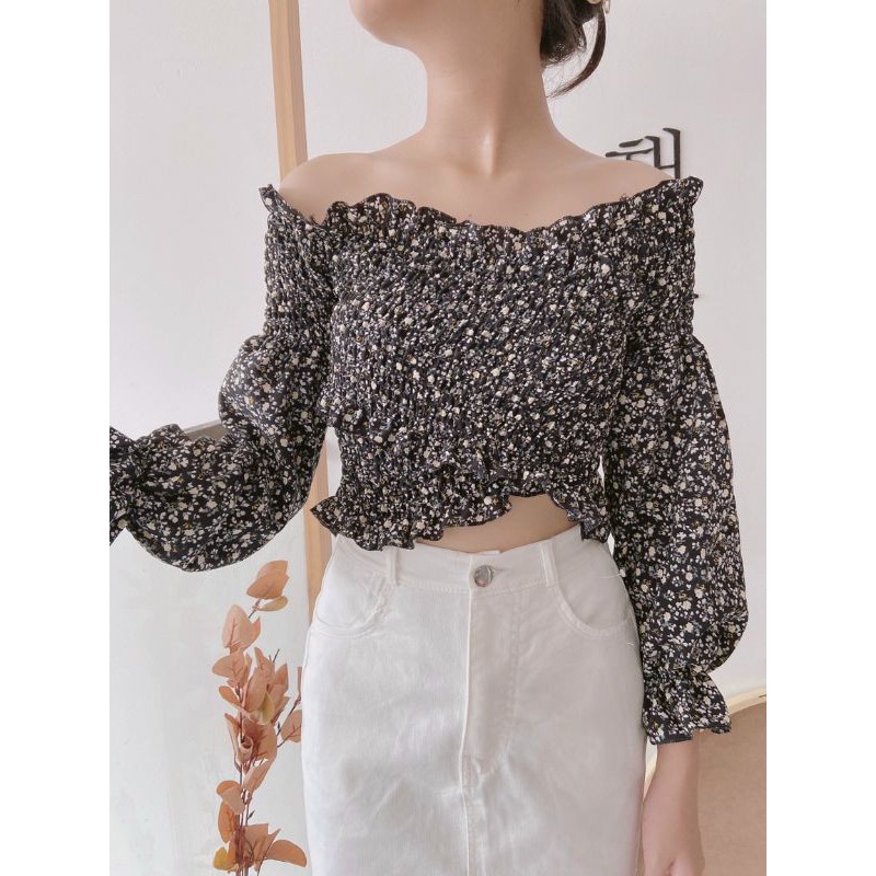 ÁO TRỄ VAI CROPTOP HOA NHÍ CHÉO SIÊU BÁNH BÈO G4-1 Laca Store, Áo trễ vai họa tiết hoa nhí