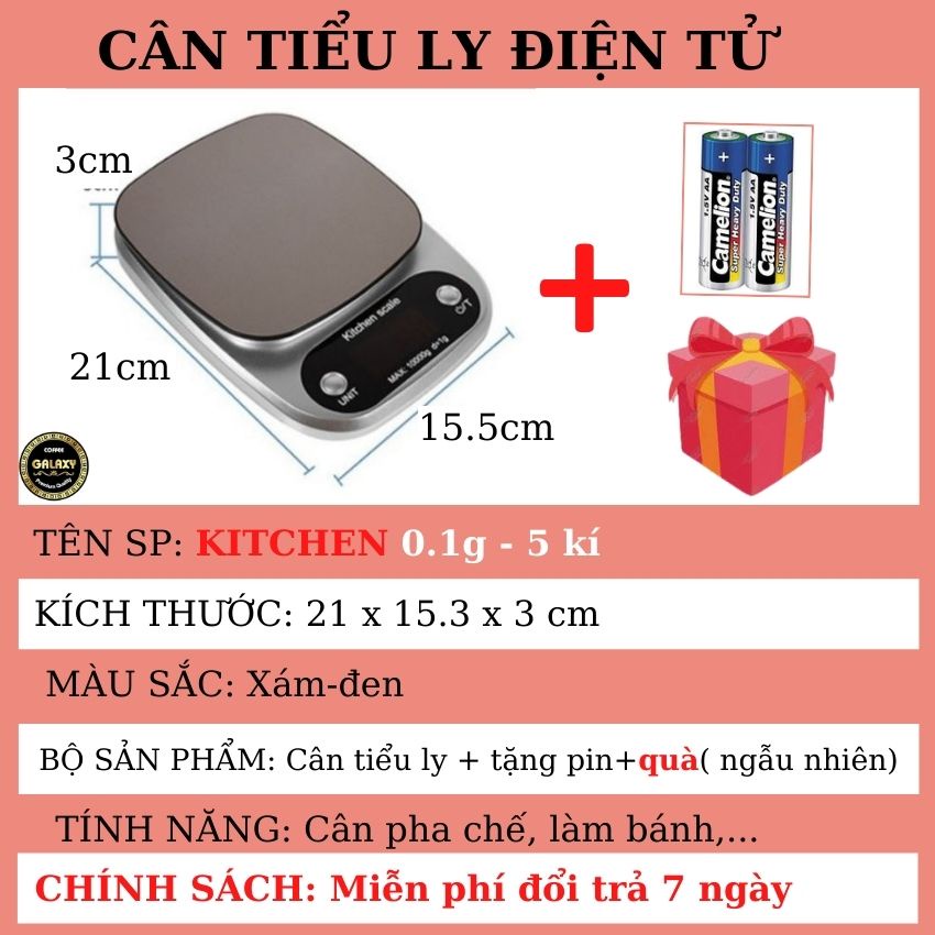 Cân tiểu ly điện tử nhà bếp mini định lượng 0.1g - 10kg, Cân tiểu li làm bánh độ chính xác cao kèm 2 viên pin AAA
