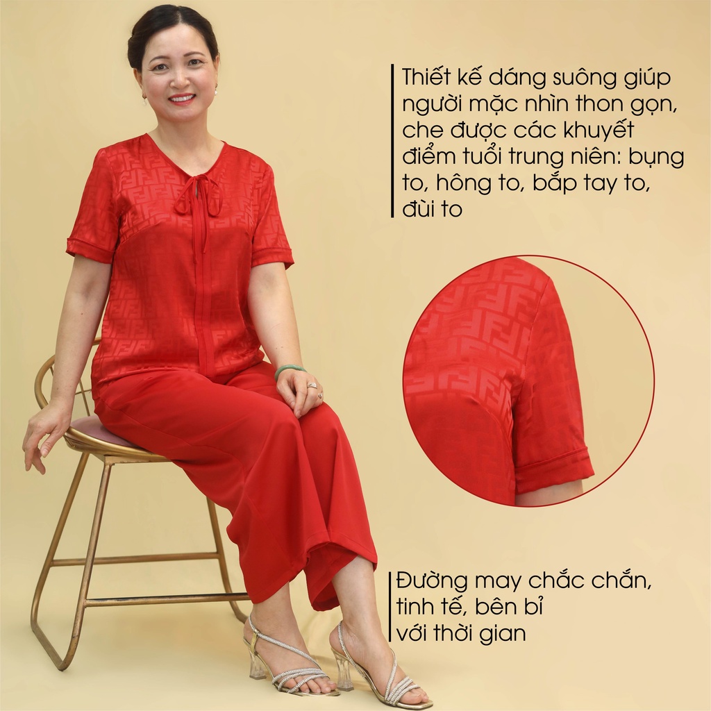 Đồ Bộ Trung Niên Nữ Lụa Họa Tiết Cao Cấp ANCHI B30 Đỏ, Bộ Mặc Nhà Quà Tặng Cho Mẹ