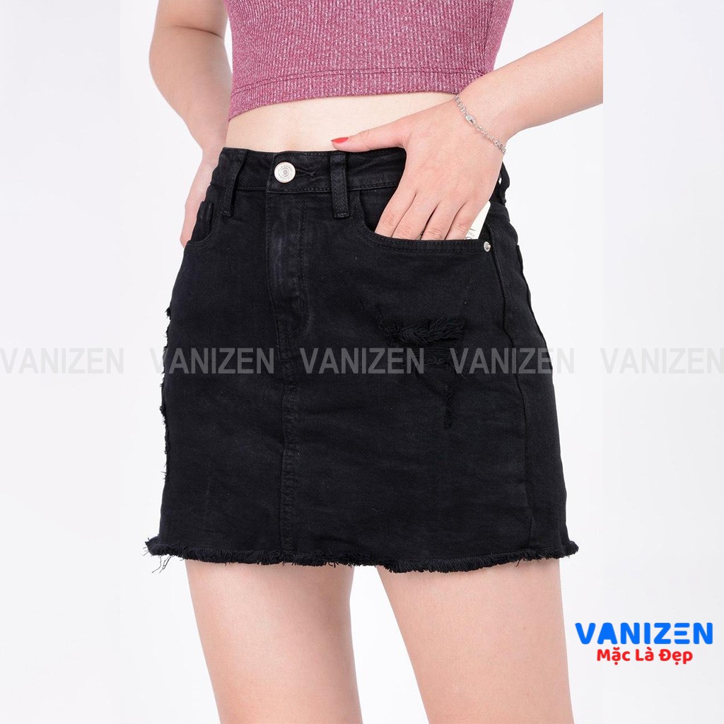 Chân váy jean nữ có quần bên trong đẹp lưng cao cạp cao đen trắng rách gấu tua rua hàng hiệu cao cấp mã 406 VANIZEN