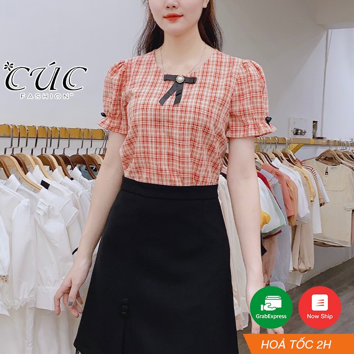 [Mã FAGREEN245 giảm 10% tối đa 30K đơn 99k] Áo sơ mi nữ cao cấp công sở Cúc Fashion A201 áo somi kẻ nơ cài đen