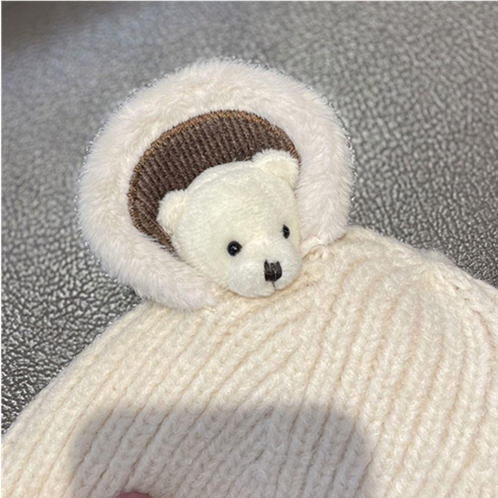EUCA Mũ Beanie Mềm Mại Màu Trơn Đính Tai Gấu Bông Đáng Yêu