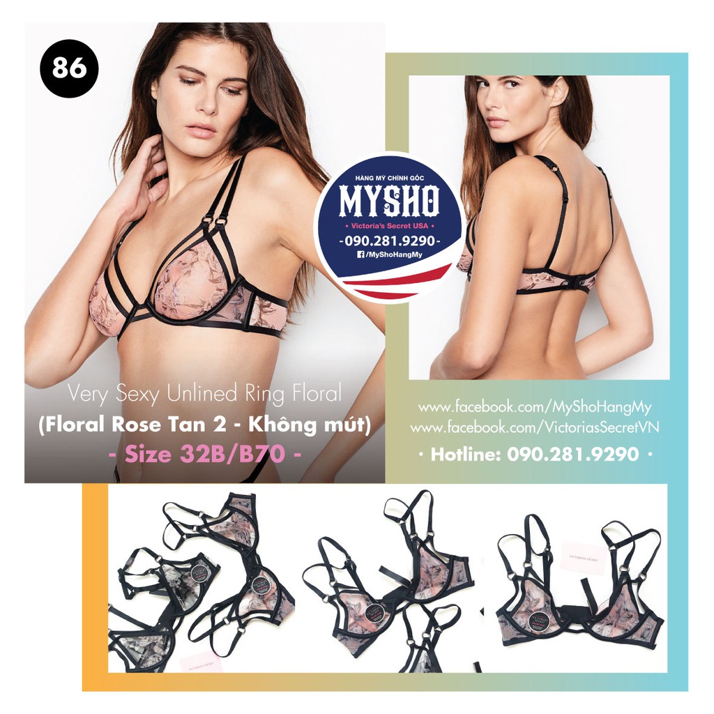 (Bill Mỹ - 32B/B70) - Áo lót đen lưới hồng, siêu sexy, gợi cảm (86) không mút, Floral Rose Tan - Victoria's Secret USA