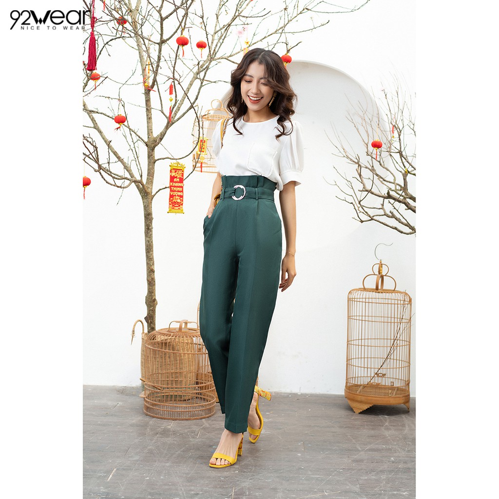 Quần dài nữ công sở ống suông cạp cao đai liền QAW0817 92WEAR | BigBuy360 - bigbuy360.vn