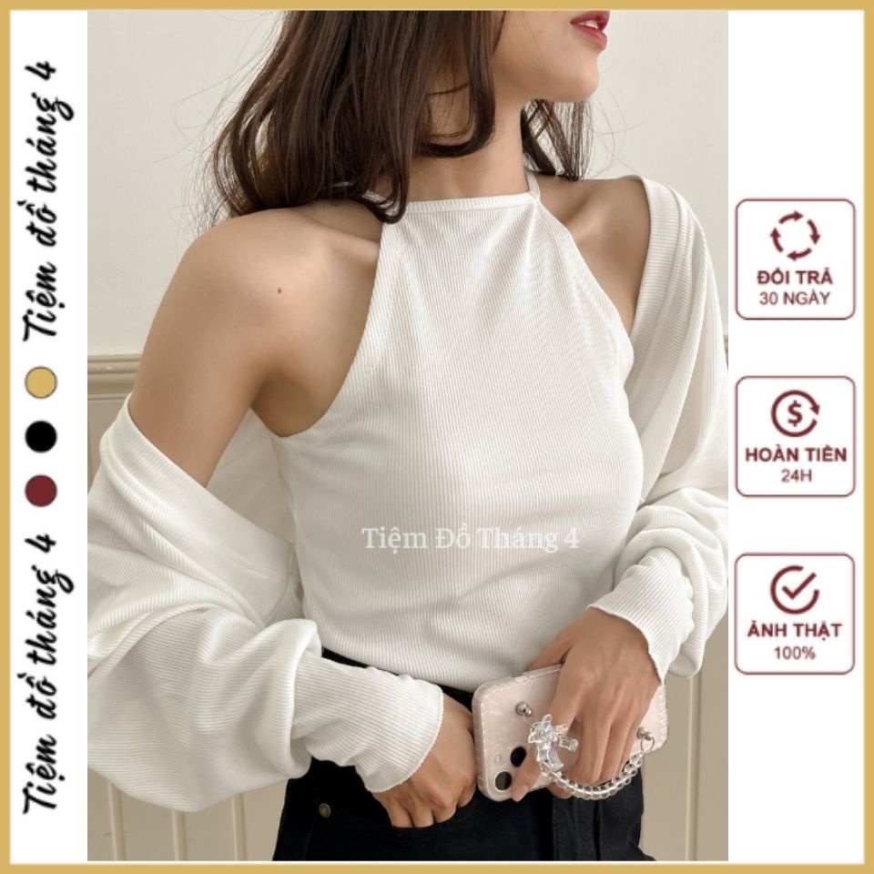 Set Cardigan Yếm Croptop Thun Gân Ôm Tôn Dáng Mẫu 2022, Áo Khoác Tay Bồng Kèm Yếm Bên Trong Mặc Đi Chơi SIMO TOP