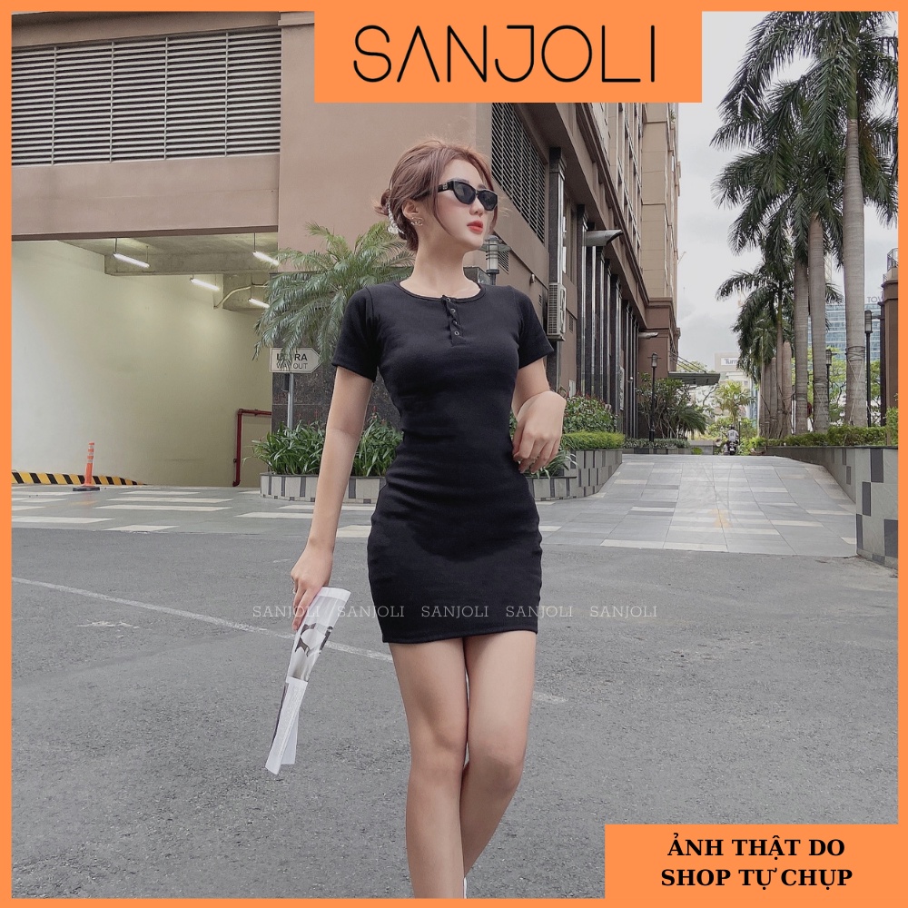 Đầm Body Tay Ngắn SANJOLI Váy Ôm Sexy Dáng Dài Thiết Kế Cổ Vuông Chất Thun Len Gân Thoải Mái  VD053
