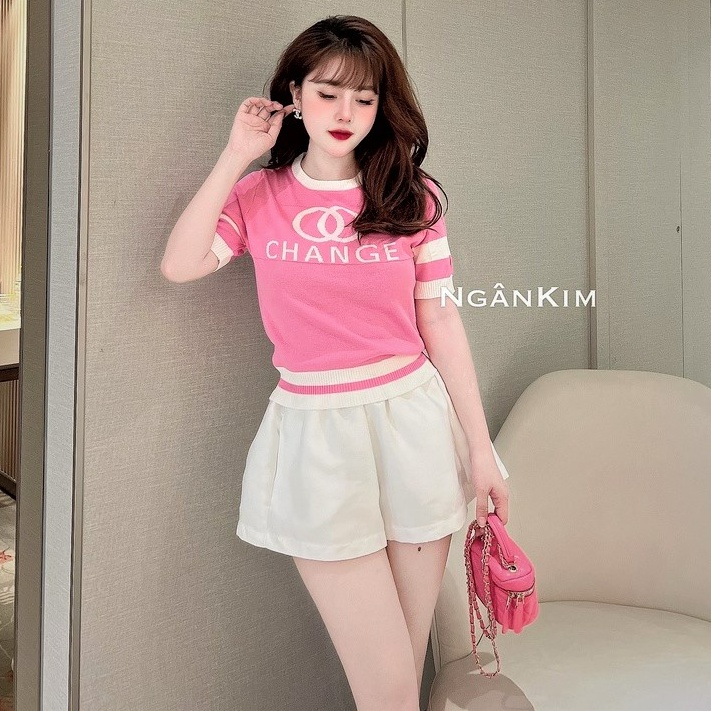 Áo len nữ Montoghi dệt kim Quảng Châu in chữ CHANGE ngắn tay phối sọc siêu hot