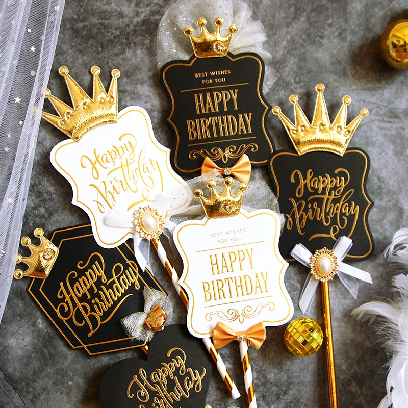 Que Cắm Trang Trí Bánh Kem Chữ Happy Birthday Hình Vương Miện Màu Vàng Đồng Phong Cách Châu Âu
