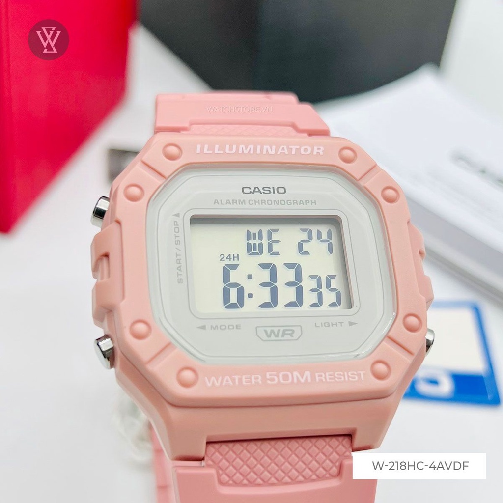 Đồng Hồ Điện Tử Unisex Casio WATCHSTORE W-218HC-4AVDF Thiết Kế Mặt Vuông 44mm, Dây Đeo Màu Hồng, Cá Tính