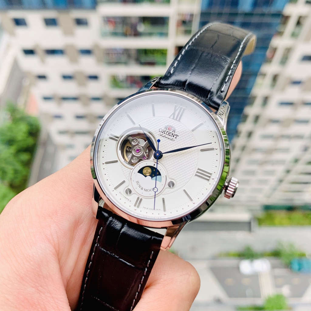 Đồng hồ nam chính hãng Orient SunMoon OpenHeart White RA-AS0005S - Máy cơ tự động - Kính Sapphire - Dây da