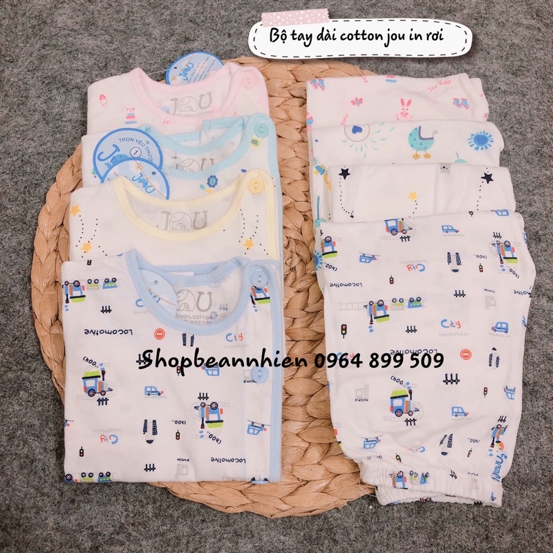 Bộ tay dài jou in rơi cho bé 3-8kg-Bộ quần áo cotton 100%